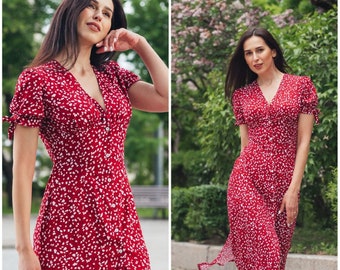 Button front midi dress for woman, Red cotton summer dress, Casual retro dress, Tea dress, Vacation beach split dress