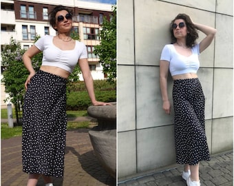 Black & White Polka Dot High waisted A-line Modest Midi Skirt / Summer skirt / High waisted skirt