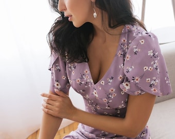 Vestido midi floral lila – Vestido femenino estilo cruzado, mangas con volantes, escote en V, aberturas laterales, vestido romántico de verano, moda cottagecore
