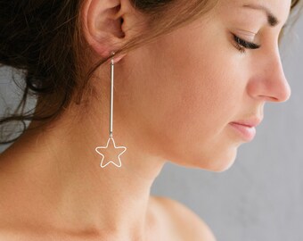 Statement Star Earrings, Simple Modern Celestial Earrings, Trendy long dangle astronomical earrings, Cool Mothers Day gift for women