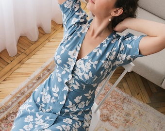 Blue Floral Midi Dress, Summer Boho Dress, Vintage Inspired Button Dress , Short Sleeve Sundress, Cottagecore Wrap Dress, Feminine Dress
