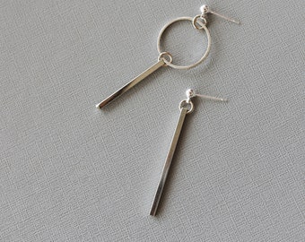 Asymmetrical earrings of different lengths Silver Unique Earrings Mismatched Earrings Circles Statement Earrings Silver Bar Fashion Earrings