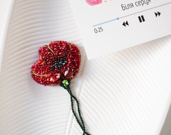 Statement beaded large flower brooch, Cute poppy jewelry, Mom birthday gift, Crystal flower pin, Unique jewelry brooch for her