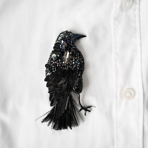 Embroidered brooch black crow, Gothic jewelry black raven, Large brooch handmade Halloween