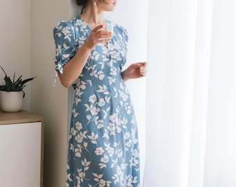 Button front midi dress for woman, Sky blue cotton summer dress, Casual retro dress, Tea dress, Vacation beach split dress