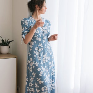 Vestido midi con botones delanteros para mujer, vestido de verano de algodón azul cielo, vestido retro informal, vestido de té, vestido de playa con abertura para vacaciones