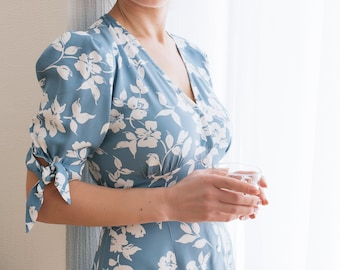 Romantic Midi Dress, Button Front Dress, Blue Summer Dress, Feminine Boho Dress, Floral Midi Dress with Slits, Cottagecore Style