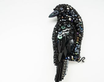 Statement black bird beaded brooch, Fine jewelry for women, Cute embroidered brooch, Birthday gift for her, Raven brooch, Fairy jewelry gift