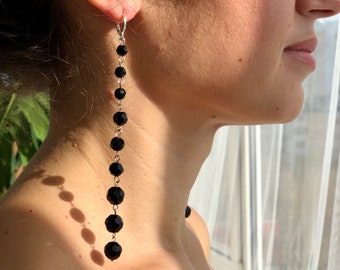 Extra long crystal earrings, Black dangle earrings, Elegant black bead earring, Trendy black drop earrings