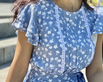 Romantic Blue Cotton Dress – Floral Ruffle Sleeve Midi Dress, Feminine Cottagecore Fashion