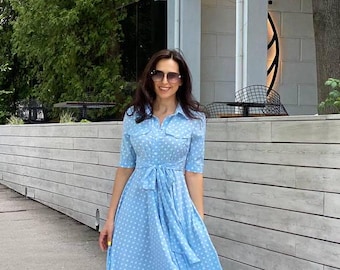 Blue Polka Dot Midi Shirt Dress with Button Closure and Wide Bow Belt – Feminine A-line Dress for Casual or Formal Occasions