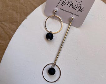 Long mismatched earrings with shungite gemstone, Modern dangly asymmetric earrings, Geometric dangle earrings, Trendy jewelry gift for her
