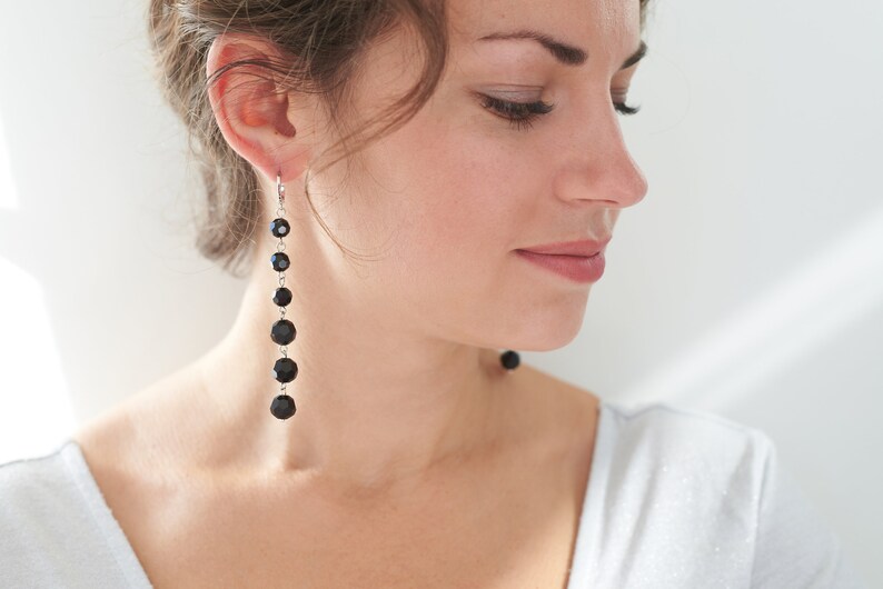 Black dangle earrings, Long crystal earrings, Black bead earring, Black drop earrings