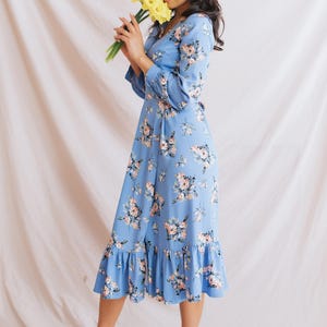 Romantic Light Blue Floral Wrap Dress With Ruffled Hem – Soft Cotton ...