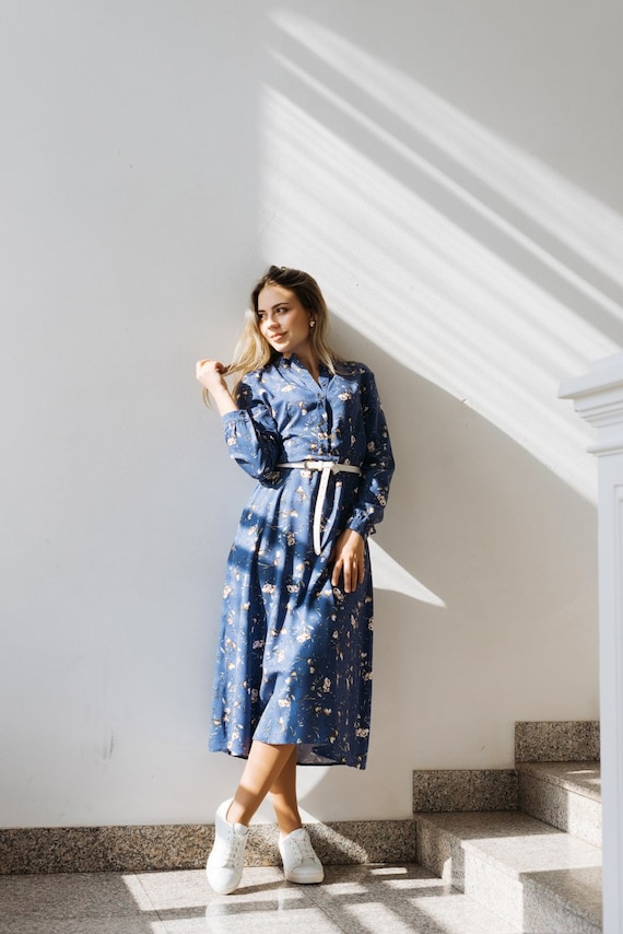 blue shirtwaist dress Shirtwaist Dress, Boho Floral Dress, Blue Floral Pattern, Long Sleeve Spring Dress, Mandarin Collar Flannel Dress Thanksgiving Dress