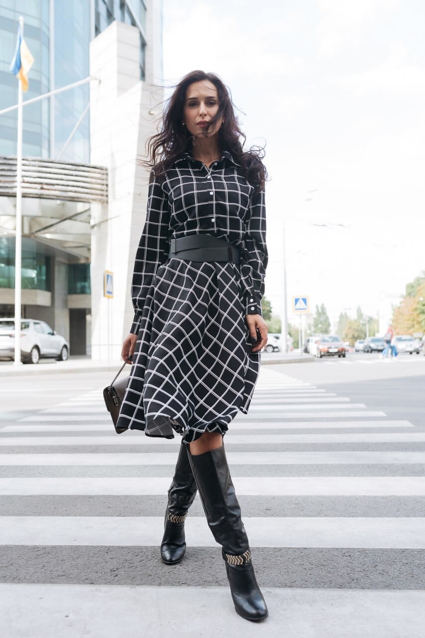 Black and White Midi Dress, Long Sleeve A-Line Dress, Fall Dress for Women, Elegant Casual Dress, Shirtwaist Dress, Cotton Autumn Dress