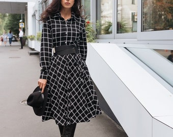 Black and White Midi Dress, Long Sleeve A-Line Dress, Fall Dress for Women, Elegant Casual Dress, Shirtwaist Dress, Cotton Autumn Dress