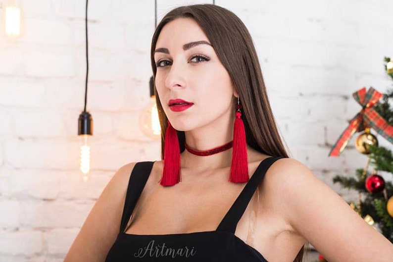 Long silk tassel earrings, Trendy statement earrings in red, Boho drop earrings, Trendy jewelry gift for her, Modern aesthetic earrings image 1