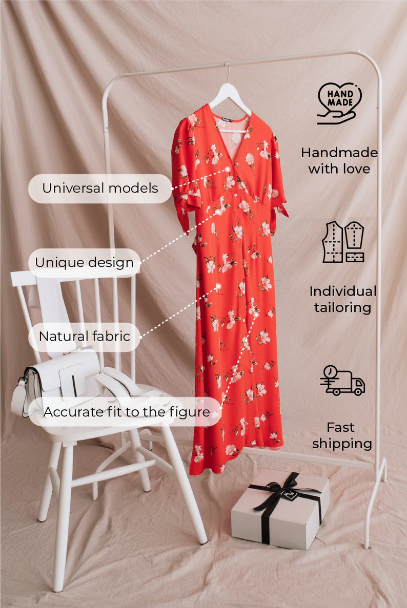 May include: A red floral dress with a V-neckline and short sleeves hangs on a white clothing rack. The dress is handmade with love and features a unique design, natural fabric, and an accurate fit to the figure. The image also includes a white chair, a white purse, and a white gift box with a black ribbon.