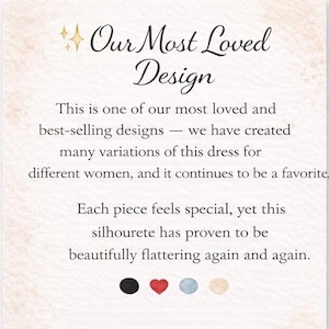 K&ouml;nnte beinhalten: Cremefarbene Karte mit dem Text "Our Most Loved Design". Der Text beschreibt ein meistverkauftes Kleid-Design mit vielen Variationen. Vier Farbmuster sind abgebildet: Schwarz, Rot, Hellblau und Beige.