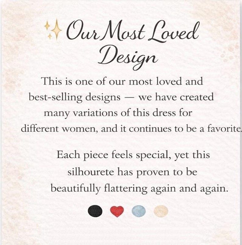 K&ouml;nnte beinhalten: Cremefarbene Karte mit dem Text "Our Most Loved Design". Der Text beschreibt ein meistverkauftes Kleid-Design mit vielen Variationen. Vier Farbmuster sind abgebildet: Schwarz, Rot, Hellblau und Beige.