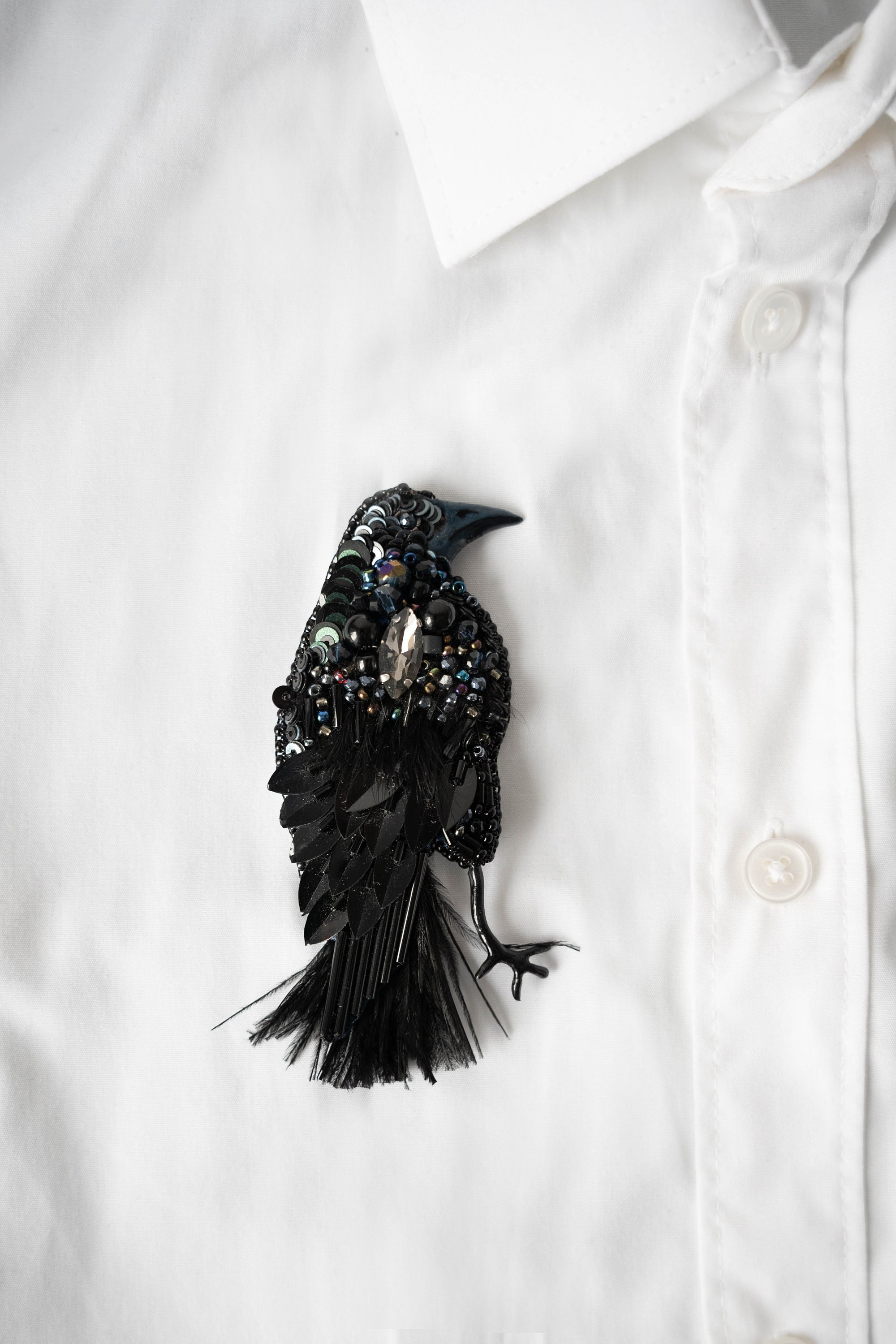 Embroidered brooch black crow, Gothic jewelry black raven, Large brooch handmade Halloween