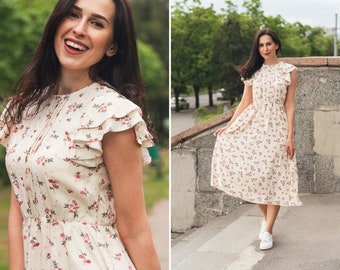 Elegant floral cocktail dress | Sleeveless midi dress for woman | Cotton summer dress