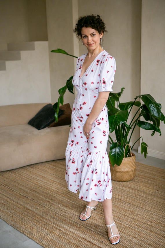 White Floral Midi Dress, Puff Sleeve Button Front Dress, High Waist Romantic Dress, Breathable Cotton Viscose Summer Dress