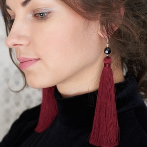 Long silk tassel earrings, Trendy statement earrings in red, Boho drop earrings, Trendy jewelry gift for her, Modern aesthetic earrings image 7