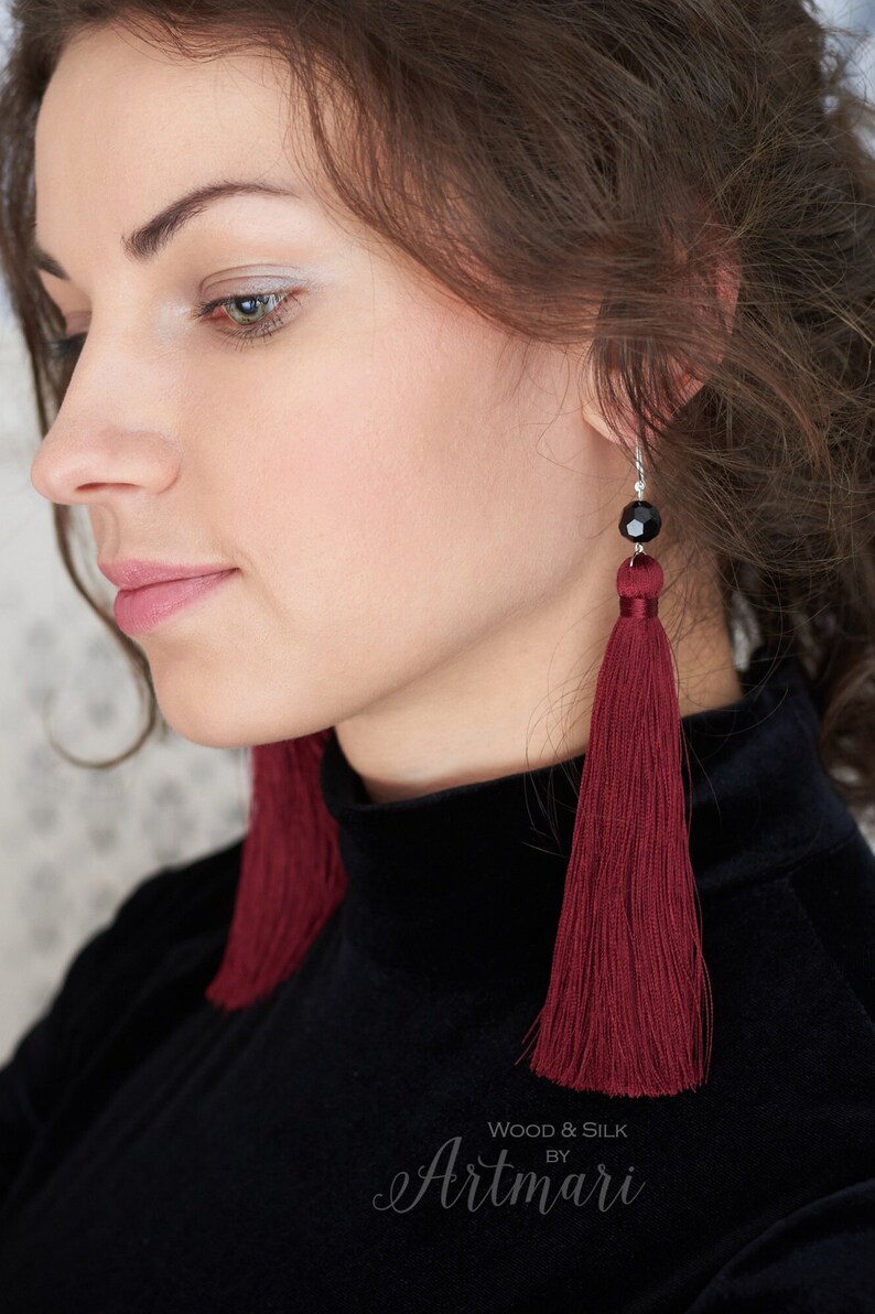 Long silk tassel earrings, Trendy statement earrings in red, Boho drop earrings, Trendy jewelry gift for her, Modern aesthetic earrings image 7