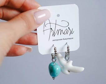 Handmade Ceramic Heart and Bird Earrings – Asymmetrical Silver Hoop Earrings – Unique Artistic Jewelry for Women