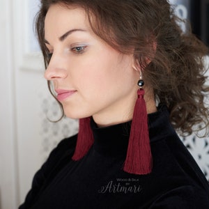 Long silk tassel earrings, Trendy statement earrings in red, Boho drop earrings, Trendy jewelry gift for her, Modern aesthetic earrings Burgundy