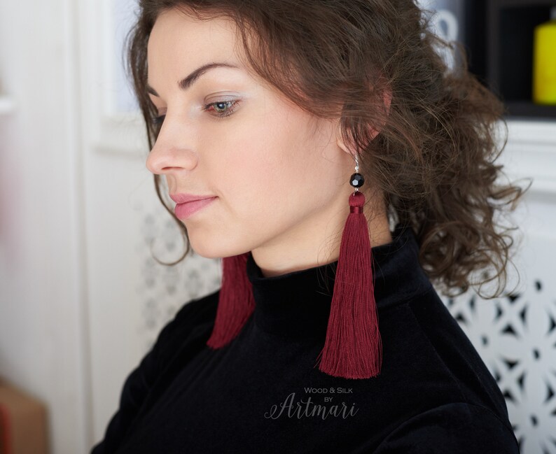 Long silk tassel earrings, Trendy statement earrings in red, Boho drop earrings, Trendy jewelry gift for her, Modern aesthetic earrings Burgundy