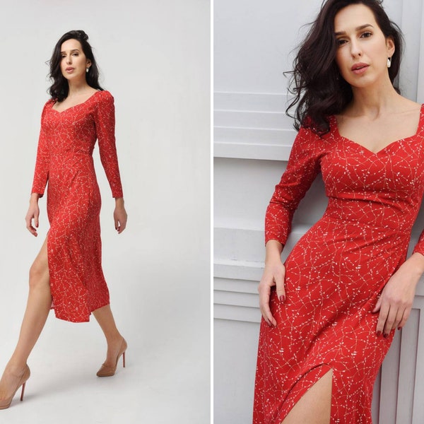 Elegante dameskleding, leuke zwierige midi-jurk, herfstkleding dames, casual katoenen jurk, jurk met lange mouwen met zijsplit, rode feestjurk