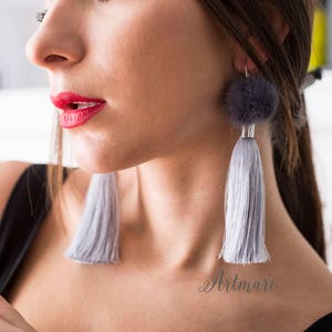 Fur silk Tassel earrings Mink real long pom pom Pompom earring Fringe dangle grey Silver