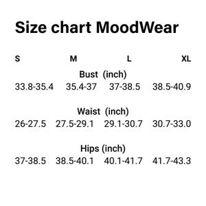 May include: Size chart for MoodWear clothing in sizes S, M, L, and XL. Measurements are in inches for bust, waist, and hips.