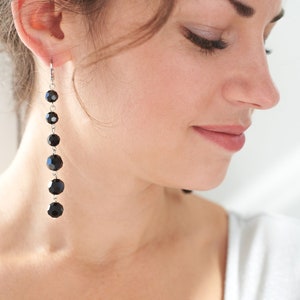 Black dangle earrings, Long crystal earrings, Black bead earring, Black drop earrings