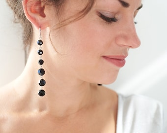 Black dangle earrings, Long crystal earrings, Black bead earring, Black drop earrings