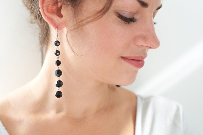 Black dangle earrings, Long crystal earrings, Black bead earring, Black drop earrings