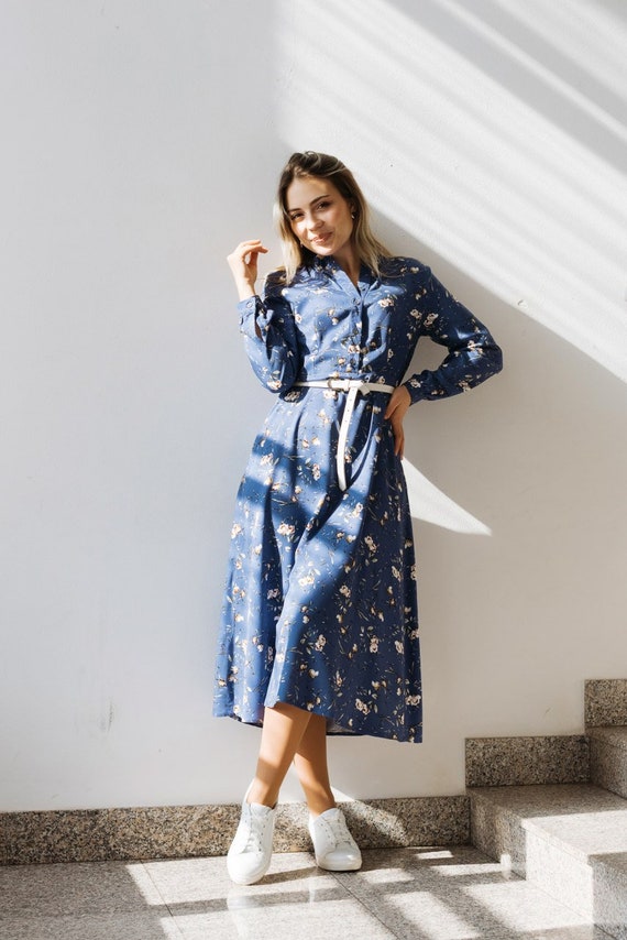 Shirtwaist Dress, Boho Floral Dress, Blue Floral Pattern, Long Sleeve Spring Dress, Mandarin Collar Flannel Dress Thanksgiving Dress Shirtwaist Dress, Boho Floral Dress, Blue Floral Pattern, Long Sleeve Spring Dress, Mandarin Collar Flannel Dress Thanksgiving Dress