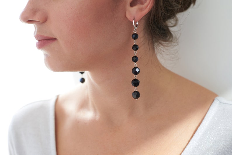 Black dangle earrings, Long crystal earrings, Black bead earring, Black drop earrings