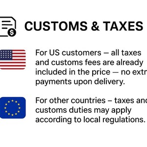 K&ouml;nnte beinhalten: Bild mit dem Text "CUSTOMS & TAXES". Es besagt, dass f&uuml;r US-Kunden Steuern und Zollgeb&uuml;hren enthalten sind. F&uuml;r andere L&auml;nder k&ouml;nnen Steuern und Abgaben anfallen. Enth&auml;lt US- und EU-Flaggen.