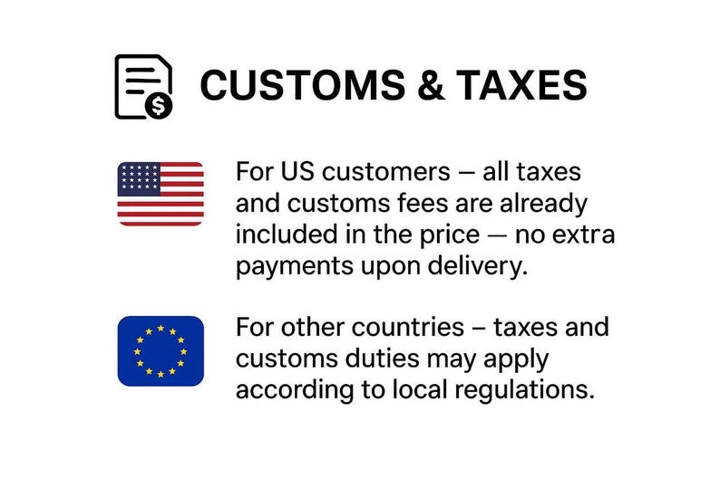 K&ouml;nnte beinhalten: Bild mit dem Text "CUSTOMS & TAXES". Es besagt, dass f&uuml;r US-Kunden Steuern und Zollgeb&uuml;hren enthalten sind. F&uuml;r andere L&auml;nder k&ouml;nnen Steuern und Abgaben anfallen. Enth&auml;lt US- und EU-Flaggen.