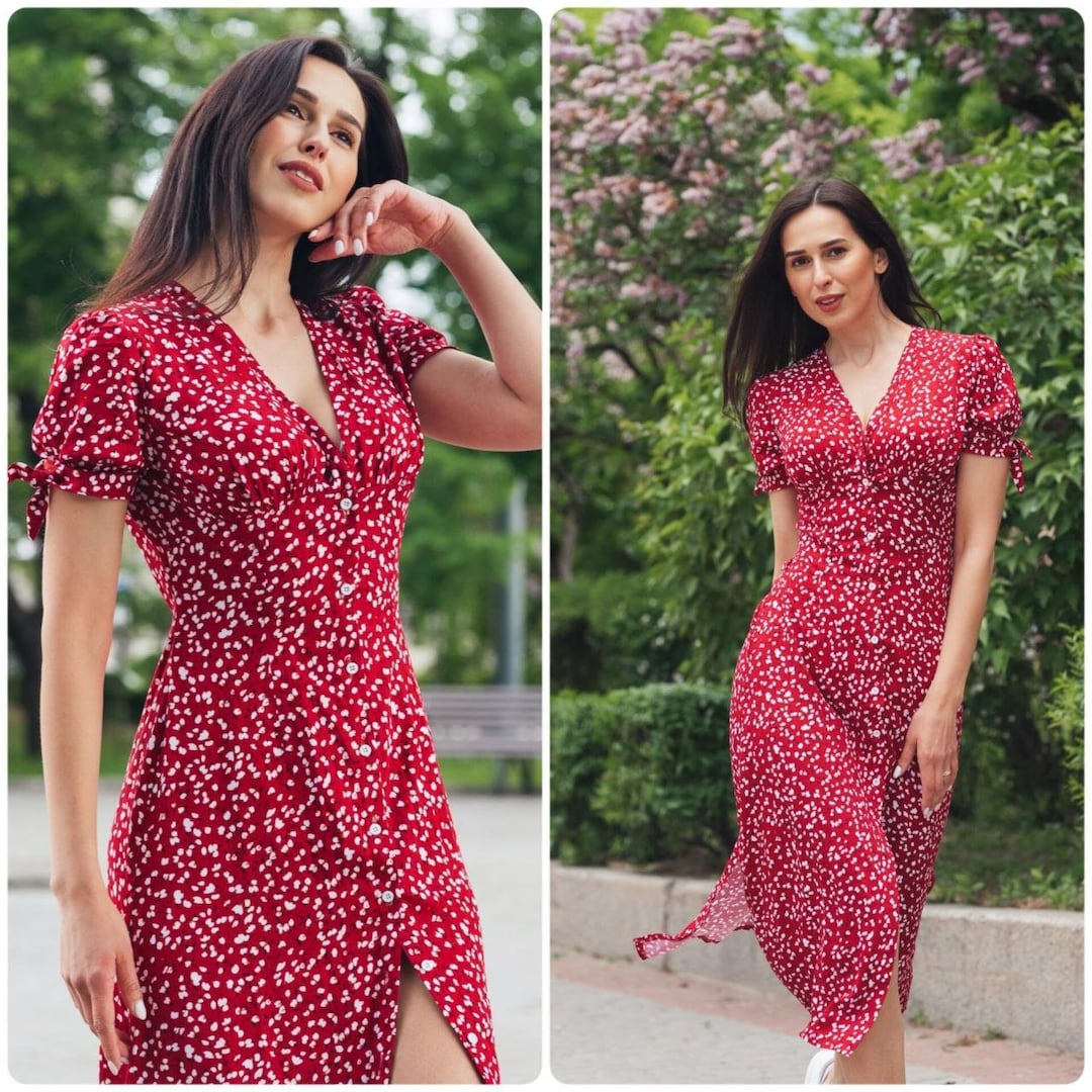 Button Front Midi Dress for Woman, Red Cotton Summer Dress, Casual ...