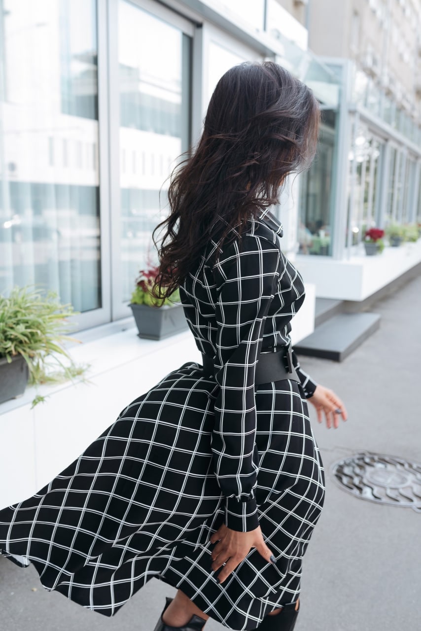 Black and White Midi Dress, Long Sleeve A-Line Dress, Fall Dress for Women, Elegant Casual Dress, Shirtwaist Dress, Cotton Autumn Dress
