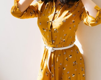 Vestido midi de manga larga para primavera, vestido de algodón para otoño, vestido camisero floral con botones delanteros, vestido boho informal y fluido, vestido con cinturón