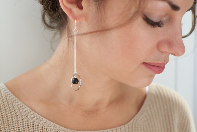 Trendy mismatched earrings, Silver plated asymmetric earrings with shungite, Geometric earrings, Lightweight dangle earrings, Gift for her A