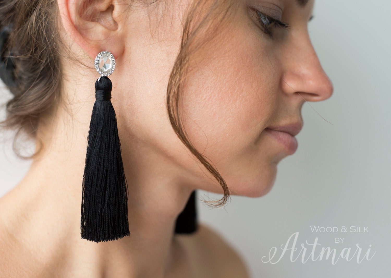 Black Long Tassel Earrings Silk with Crystal Fashion Fringe Etsy