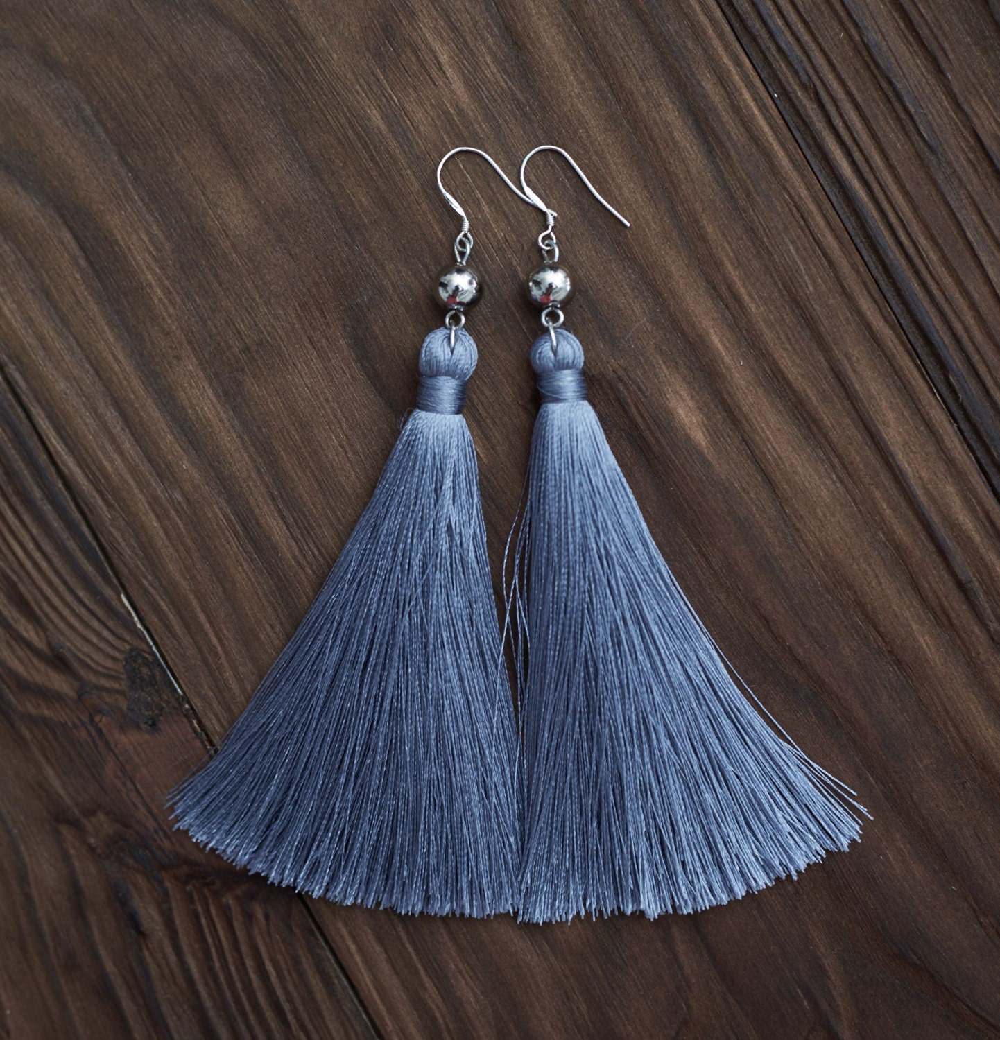 Gray Long Tassel Earrings with Crystal Beads Fashion Fringe Etsy
