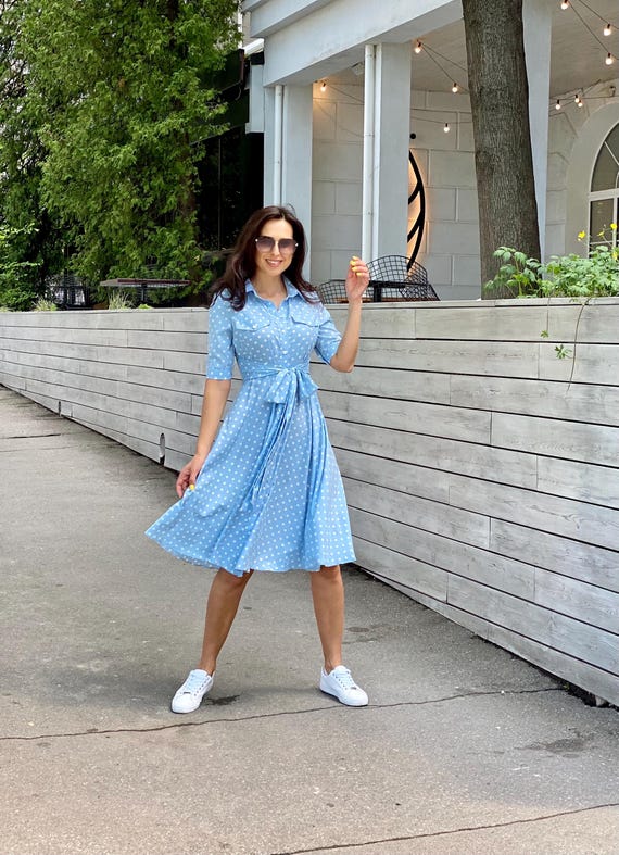 blue polka dot shirt dress Midi With Button Closure and Wide Bow Belt – Feminine A-line Dress for Casual or Formal Occasions Size:Long Womens Clothing PDF sewing patterns Billie Eilish gave full